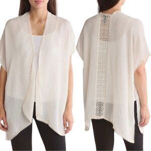 Steve Madden Boho White Crochet Lace Inset Open Front Kimono Cardigan, OS